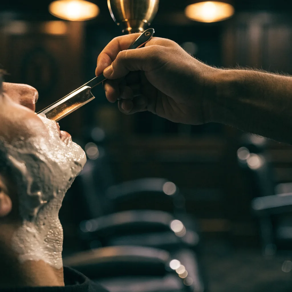 Tight close-up of a barber's hand guiding a straight razor along a man's lathered jawline, warm brass light on the blade,…