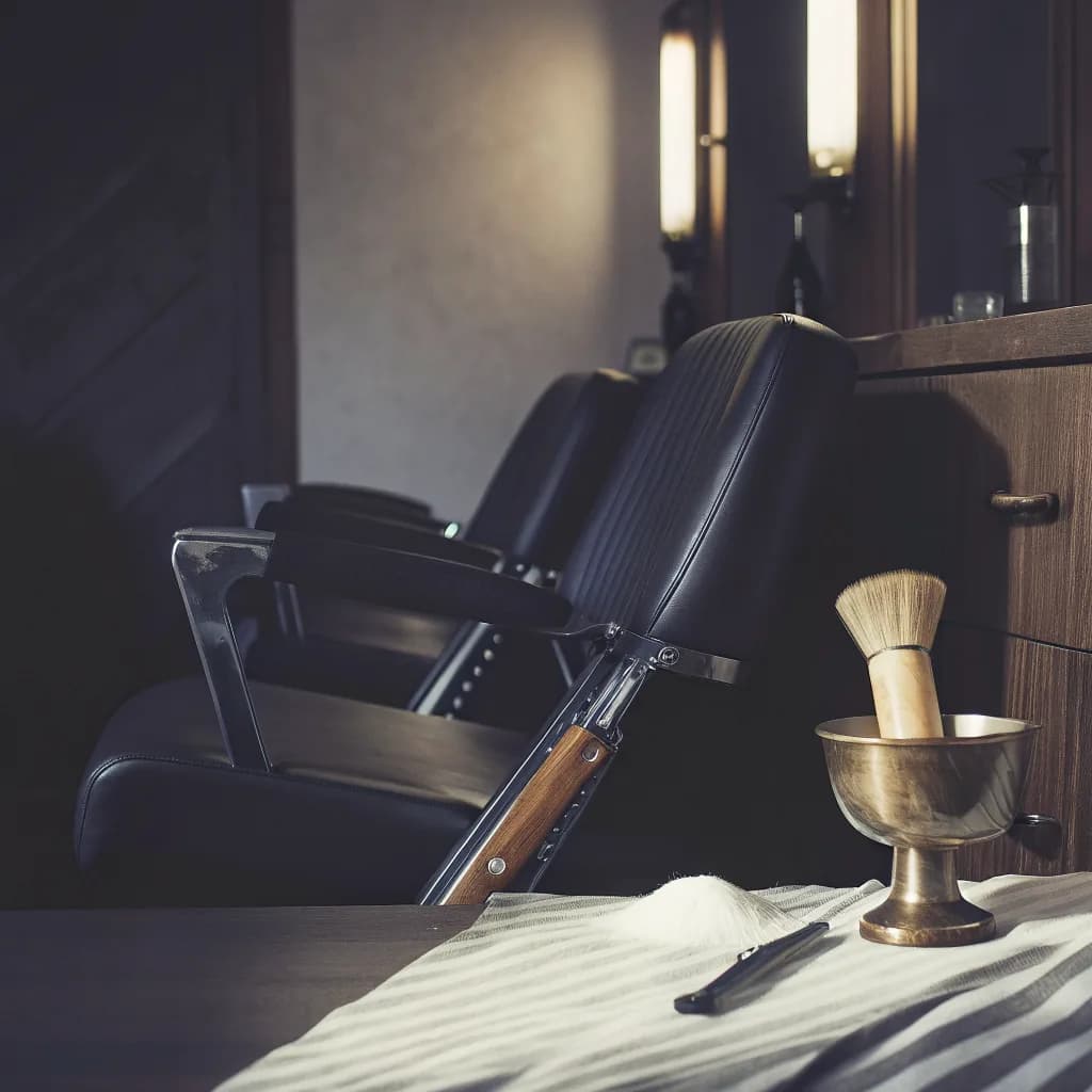 Detail of vintage barber tools on dark leather