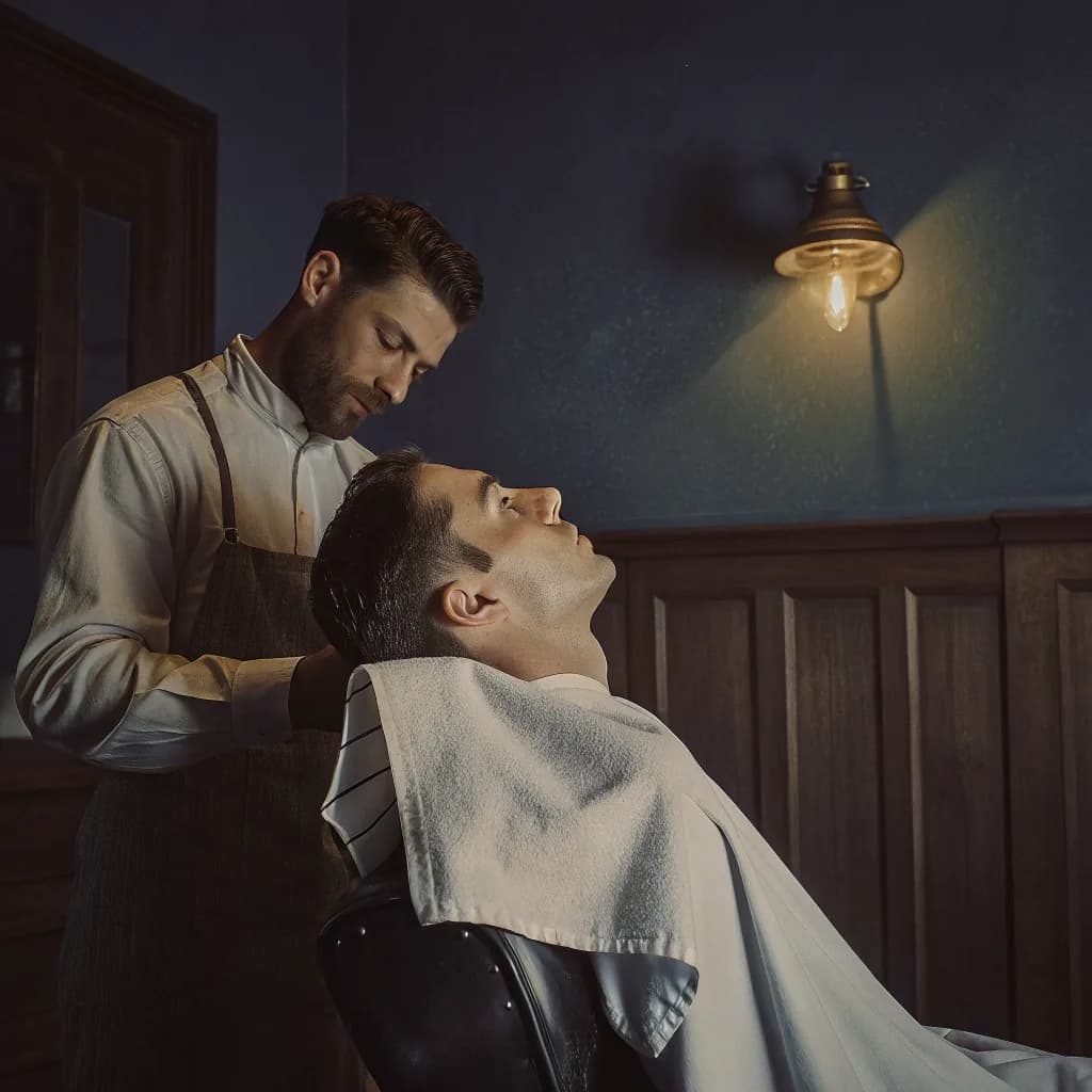 Barber applying a hot towel to a reclined client's face, black leather chair, warm lamp glow, dark wood behind