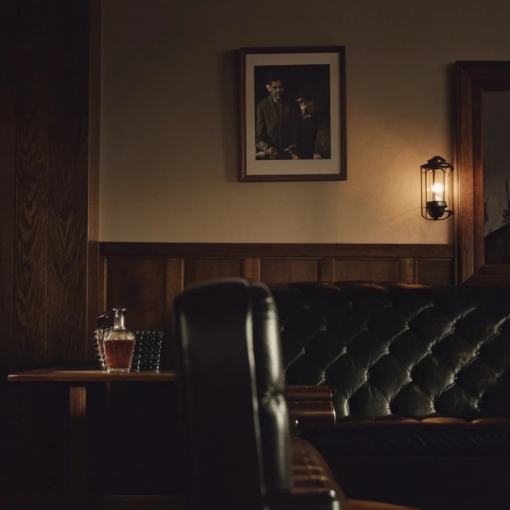 Dark barbershop waiting area