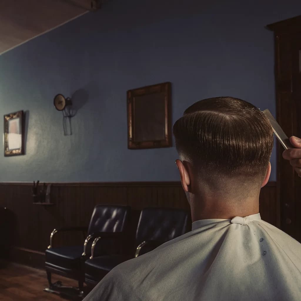 Back of a head showing a clean line-up and taper fade, barber's hand holding clippers, warm low light