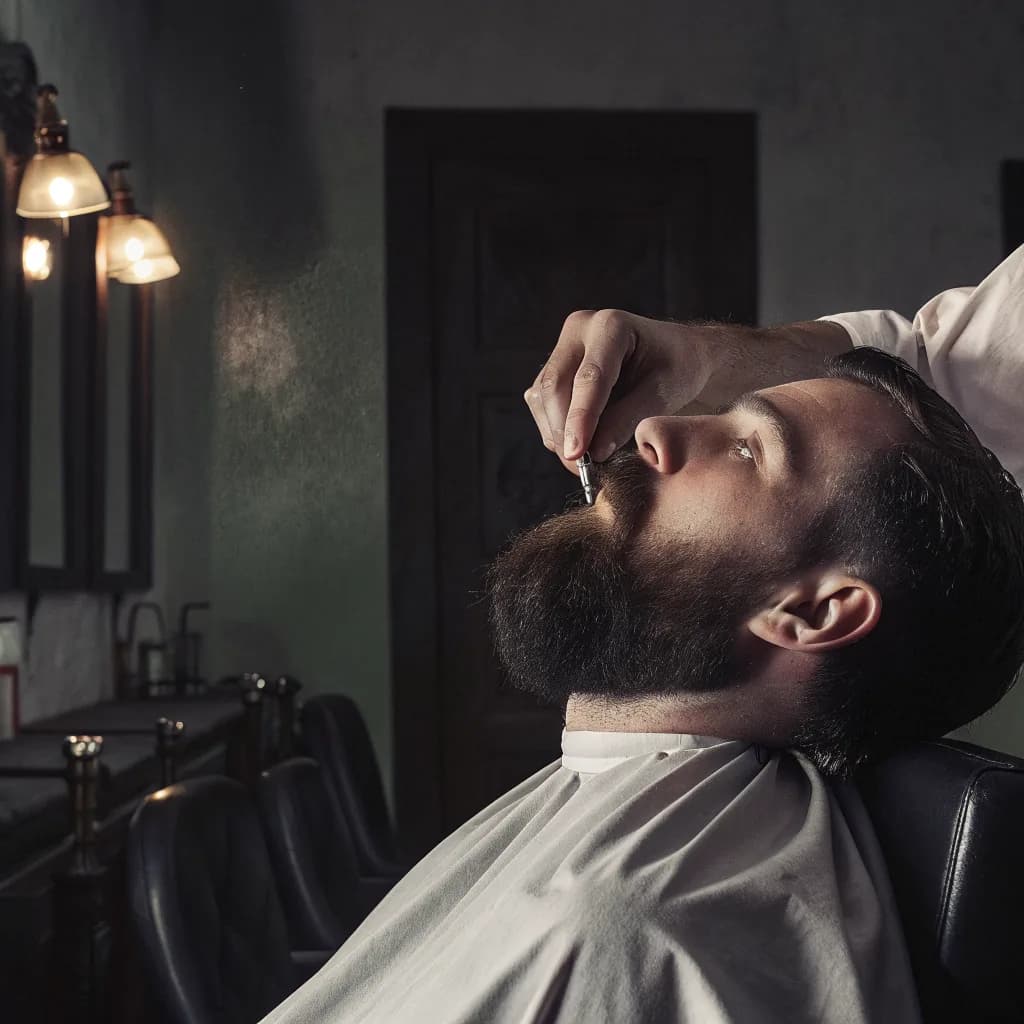 Close-up of beard oil being applied with fingertips to a dense dark beard, moody warm lighting